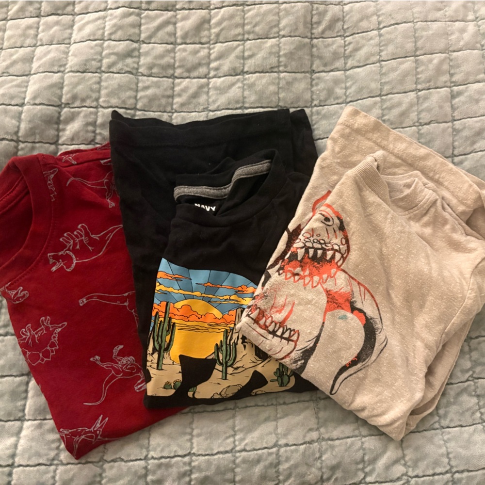3 Graphic Tee Bundle - Dinosaur & Sunset Prints - Beige, Black, Red